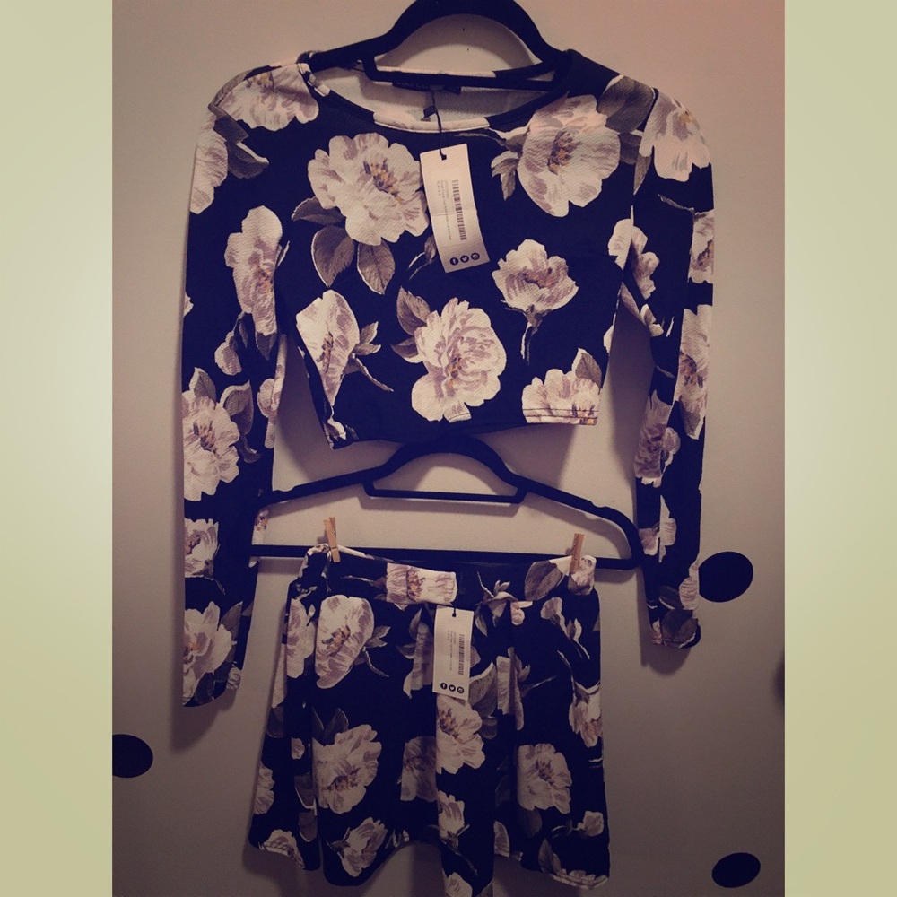 Boohoo Black Floral Long Sleeve Crop Top & Skirt Set